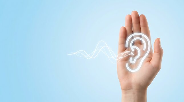 Human hand holding glowing ear icon with sound waves indicating hearing and listening for audio reception symbolizing communication and health awareness.