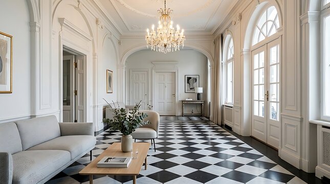 Elegant Black and White Tiled Hallway with Chandelier and Modern Furniture