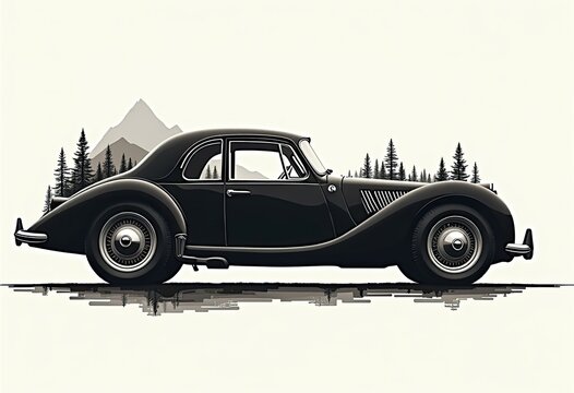 Classic black car drives through forested mountain landscape