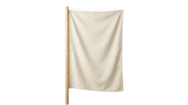 Blank beige fabric flag hanging on a wooden pole against a white background