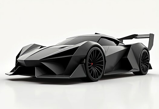 Black futuristic sports car with sharp angles and large rear wing