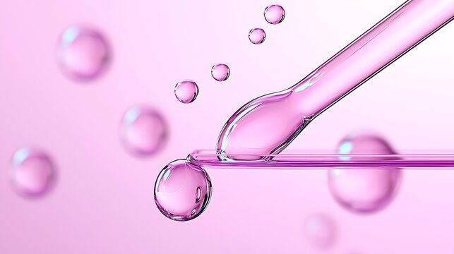 Pink droplets falling from pipette, liquid suspended in the air on pink gradient background