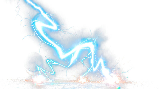 Vibrant blue lightning bolts striking the ground with electric sparks and smoke effects, isolated on transparent background for digital art and game assets