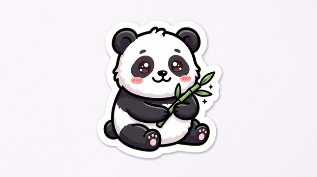 Cute cartoon panda bear sticker holding a green bamboo stalk with a happy expression isolated on a plain white background, for crafting