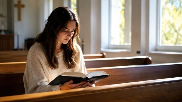 Young woman reading Bible alone in a peaceful sunlit church interior with wooden pews