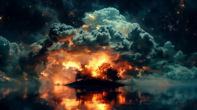 A small island in the center of an ocean, surrounded by stars and clouds, with a burning tree on it