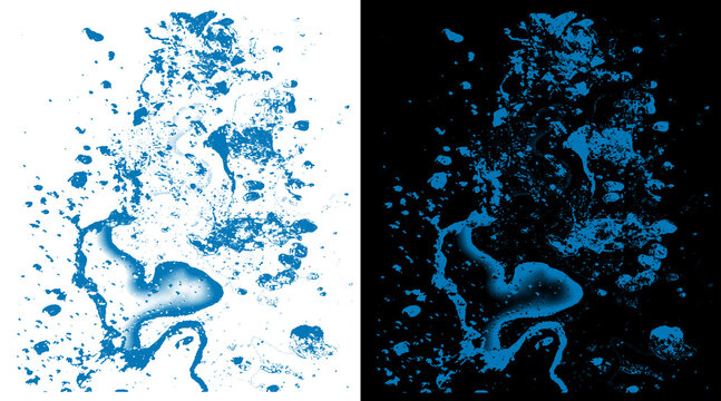 Abstract blue paint splash textures, artistic ink splatter elements on white and black backgrounds, liquid spray droplets for graphic design