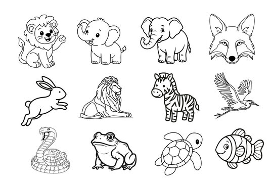 Hand drawn collection of cute wild and domestic animals in black and white line art
