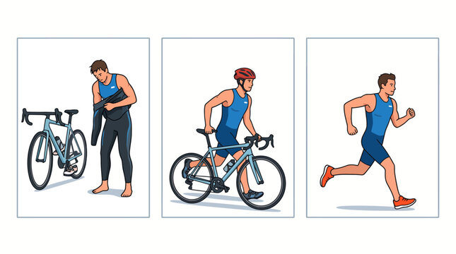 Triathlete transitioning from cycling to running in race environment with clean white background