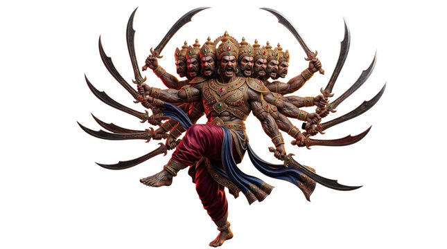 Multiarmed ravana with ten heads holding swords isolated on transparent background