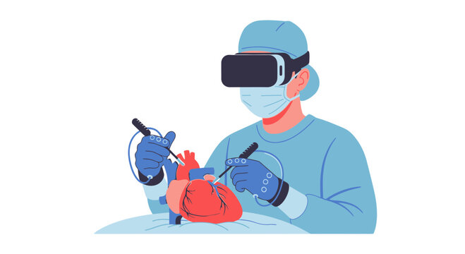 Surgeon Using VR Headset for Heart Surgery Simulation Illustration - Modern Medical Technology and Healthcare Innovation Concept