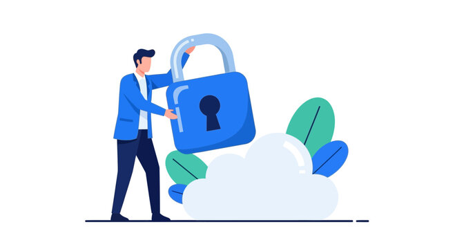 Cloud Security and Data Protection Concept with Businessman Holding Large Padlock Illustration