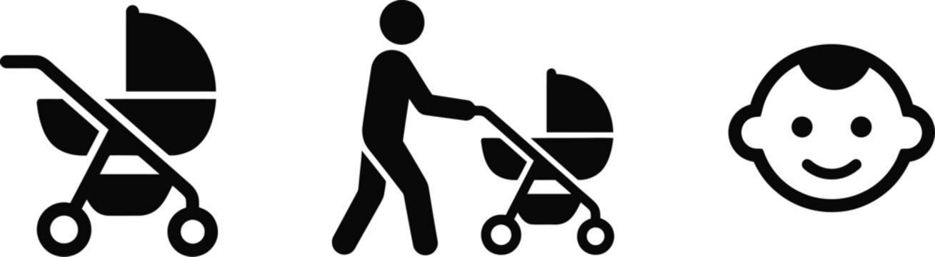 Set of baby icons including a stroller and a smiling baby face