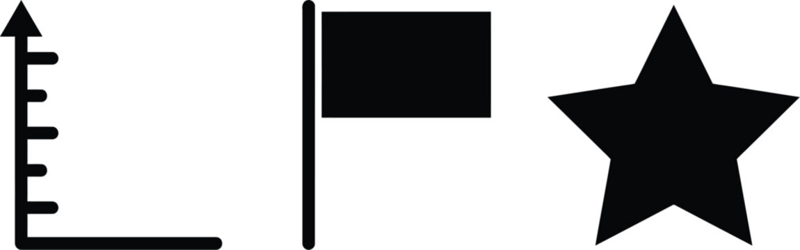 Set of three black icons including a graph axis, a flag, and a star