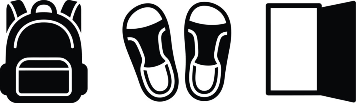 Backpack, sandals, and open door icons
