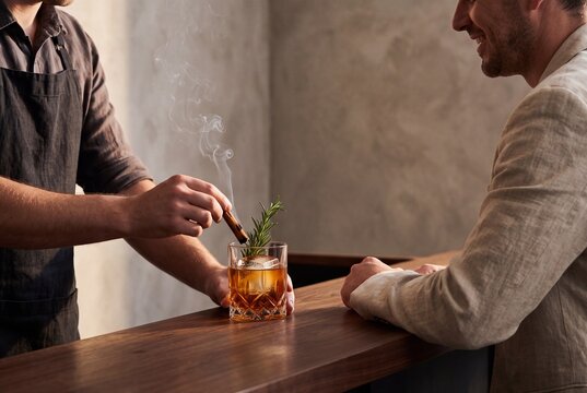 Bartender Preparing a Smoked Whiskey Cocktail with Cinnamon Stick for Customer in Modern Bar