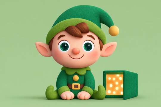 Cute elf character sitting next to a green box with lights