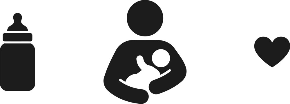 Icons of a baby bottle, a mother nursing her baby, and a heart
