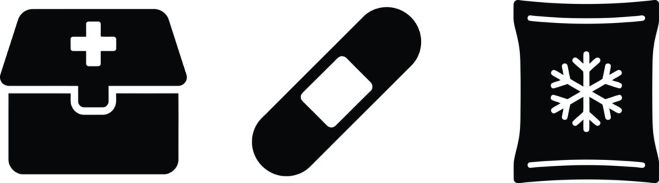 First aid kit, adhesive bandage, and ice pack icons