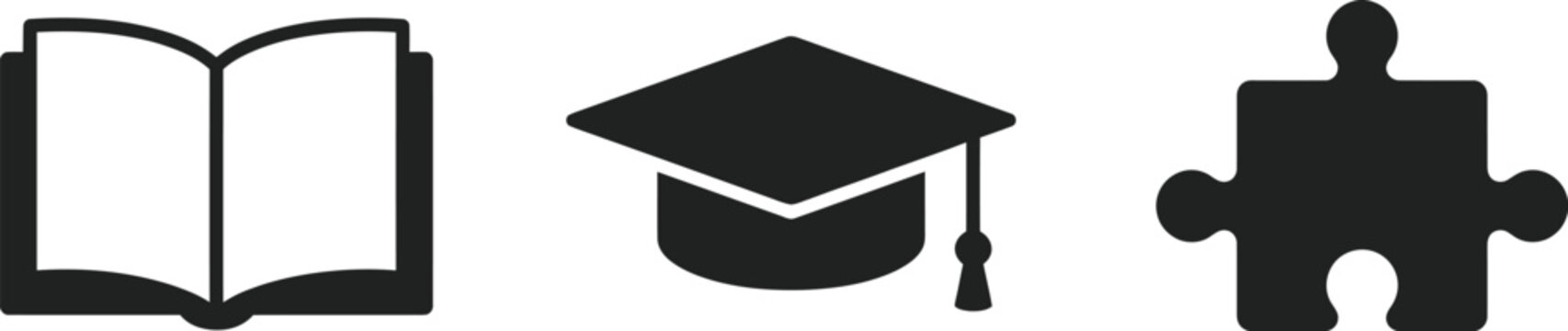 Icons of an open book, a graduation cap, and a puzzle piece