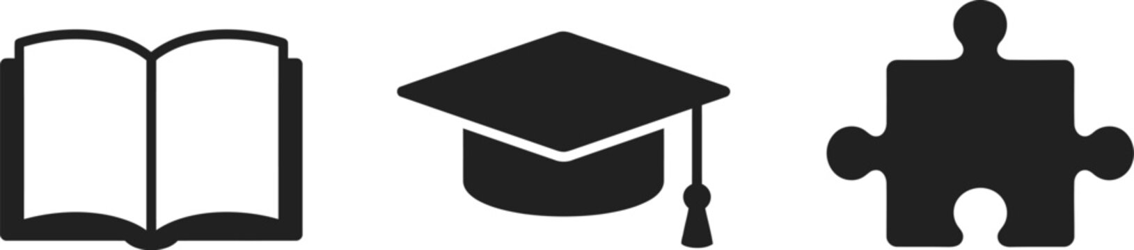 Set of three icons representing education, learning, and problem solving