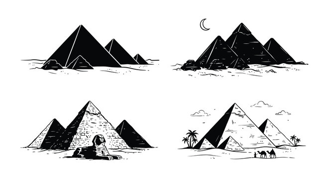 Pyramids and sphinx illustration a black and white vector scene