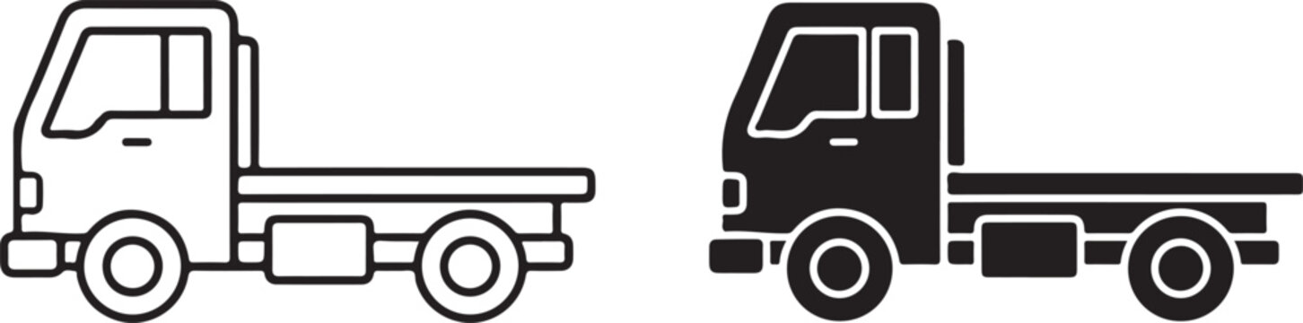 Set of flatbed truck icons in outline and solid styles with transport delivery logistics shipping