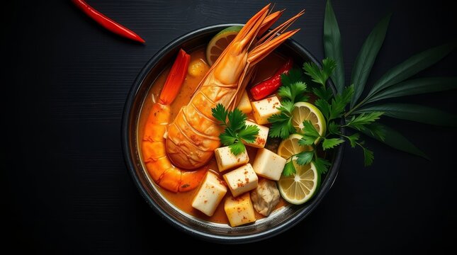 Spicy Thai Tom Yum Soup with King Prawn Pineapple and Ingredients Flat Lay
