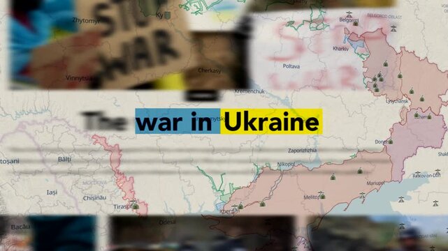 Blue and yellow highlighted headline over semi-transparent political map with territorial borders and military icons