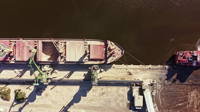 A large cargo ship is at a port, unloading its contents using cranes. Trucks wait nearby to take the goods. Sunlight illuminates the scene, showing busy activity.
