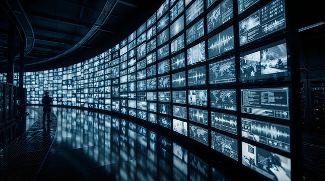 A large digital video wall displaying multiple live feeds in a dark control room environment with reflections on the floor representing modern surveillance and technology