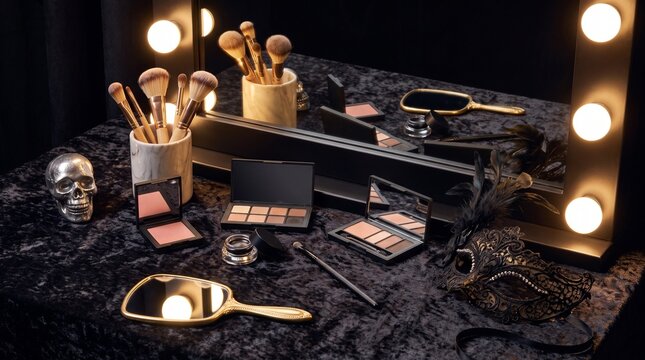 Luxurious makeup and beauty products arranged on a vanity table with bright lighting