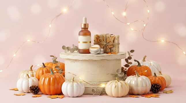 Autumn pumpkins and cosmetic products arranged on a wooden pedestal