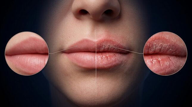 Detailed comparison of healthy, hydrated lips versus dry, cracked lips, illustrating the effects of moisture and care on lip health.