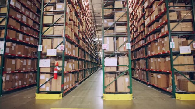 Modern distribution center interior with green metal shelving on both sides of long aisle, filled with stacked cardboard boxes beneath bright fluorescent lights and yellow safety columns