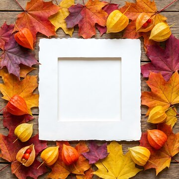 Autumn leaves and lantern fruits frame a blank white square photograph
