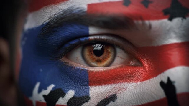 Extreme macro photorealistic footage of a fictional adult male rugby player's eye, hazel brown iris with American flag paint