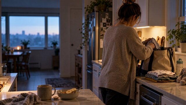 家族の支度を優先し、手つかずの朝食を残す朝のキッチン