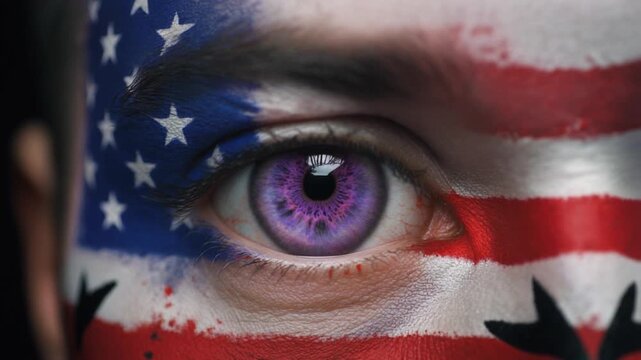 Extreme macro photorealistic footage of a fictional adult male rugby player's eye, striking purple iris with USA flag face paint