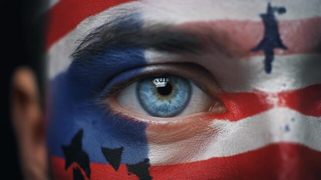Extreme macro photorealistic footage of a fictional adult male rugby player's eye, focused gaze with face paint
