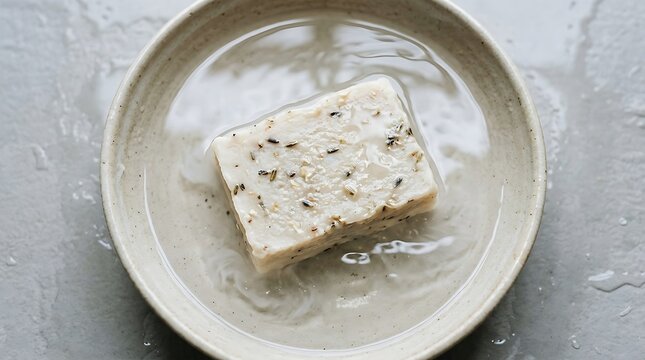 Handmade herbal soap bar soaking in water in ceramic bowl