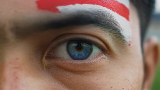 Extreme macro photorealistic footage of a fictional male rugby player's eye, intense focused, USA flag face paint