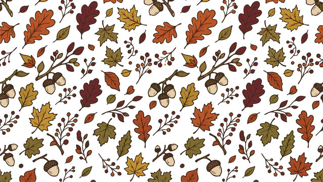Autumn fall seamless pattern with oak leaves acorns and forest berries on white background