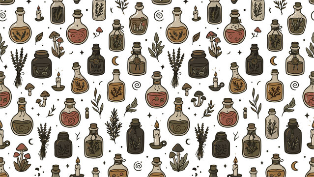 Seamless pattern of mystical potion bottles, magical herbs, and enchanted ingredients for arcane designs