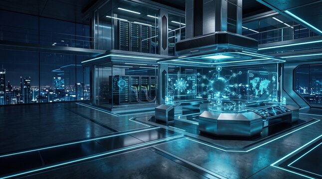Cybersecurity professional analyzing data in futuristic server room with holographic interface