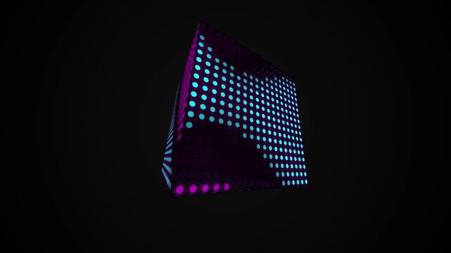 3D motion graphics of glowing dotted cube rotating on black