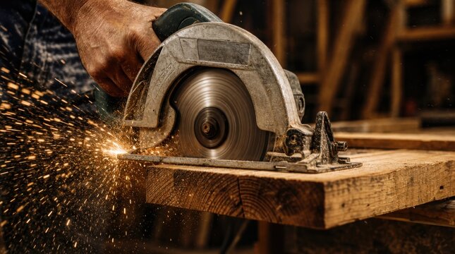 A close-up of a hand operating a circular saw, cutting through a piece of wood with sparks flying from the blade.