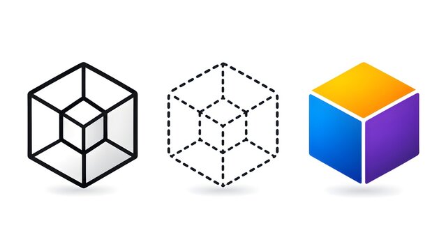 Three stylized 3D cube variations with outline and solid designs 3D cube geometric shape abstract