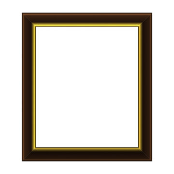 Isolated vertical wooden picture frame with a gold inner trim border transparent background