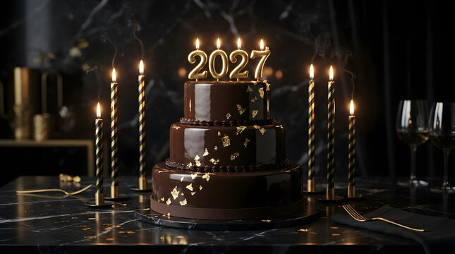 Exquisite multilayer chocolate cake adorned with gold flakes and twentyseven lit candles on a sleek black marble table. Perfect for birthday celebrations or gourmet bakery promos.